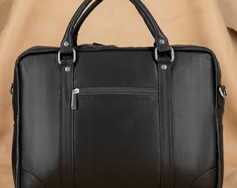 Black Leather Briefcase, Elegant Laptop Bag, Strong Office Work Carry