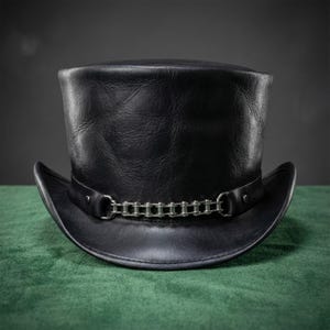 Svart Läder Steampunk Hög Hatt Handgjord Kohud Gotisk Viktoriansk Hatt med Metallkedja