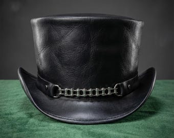 Black Leather Steampunk Top Hat Handmade Cowhide Gothic Victorian Hat with Metal Chain