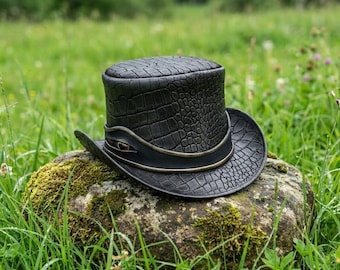 Black Croc Leather Top Hat – Handmade Steampunk Hat for Bold Style