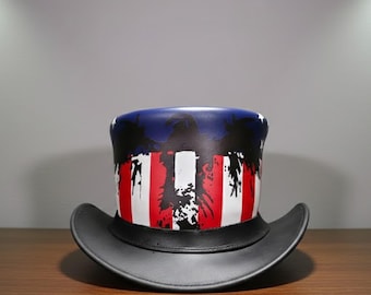 Handmade Black Leather Top Hat – Patriotic American Flag Steampunk Style