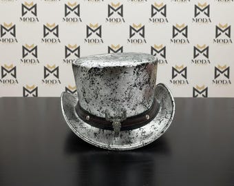 Handmade Silver distressed Leather Top Hat – Steampunk Gothic Style