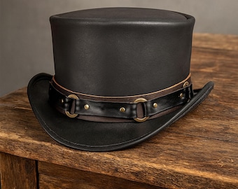 Black Leather Top Hat – Handmade Cowhide Western Hat with Brown Band & Conchos