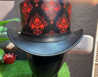 Black Leather Top Hat with Red Skull Design, Gothic Steampunk Style