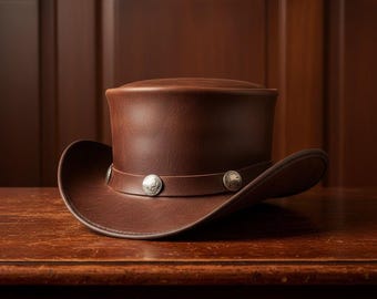 Leather Top Hat Handmade Brown Cowhide Hat – Western Victorian Style