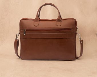 Personalized Handmade Brown Leather Laptop Bag – Vintage Work Office Style