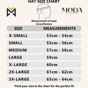 May include: A hat size chart with measurements in centimeters. Sizes range from X-Small (53cm-54cm) to 3X-Large (63cm-64cm). Includes a diagram of a head with a measuring tape and the text "Find your size in the chart for the perfect fit."