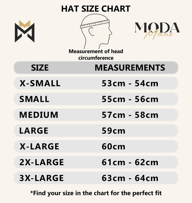 May include: A hat size chart with measurements in centimeters. Sizes range from X-Small (53cm-54cm) to 3X-Large (63cm-64cm). Includes a diagram of a head with a measuring tape and the text "Find your size in the chart for the perfect fit."