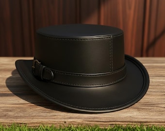 Leather Top Hat, Handmade Black Cowhide with Classic Western Feel