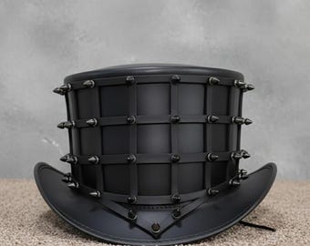 Handmade Black Leather Spiked Top Hat Gothic Cage Style