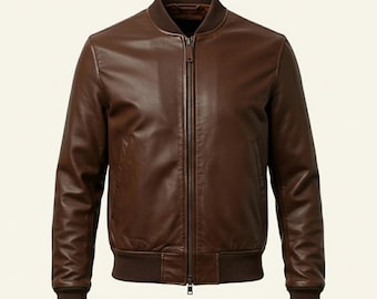 Handmade Brown Leather Bomber Jacket for Men – Genuine Cowhide Classic Outerwear