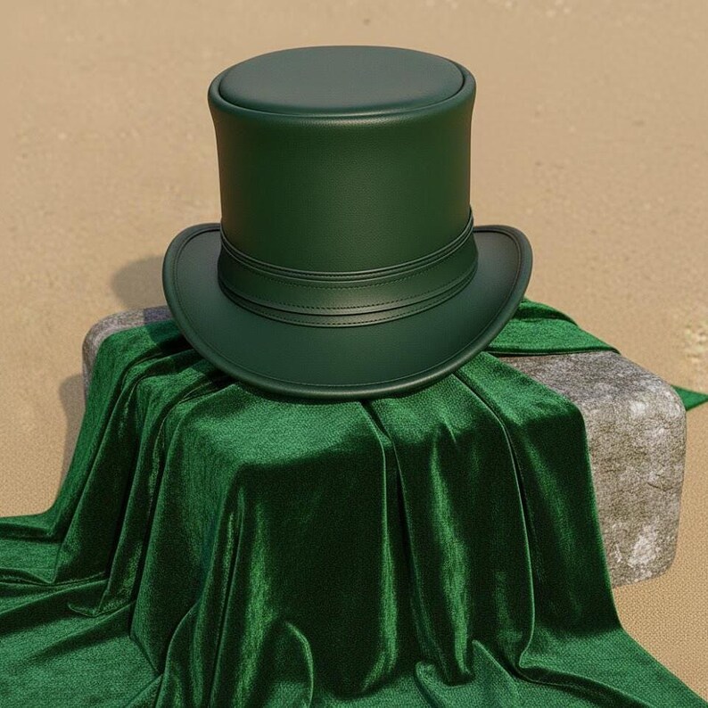 Handmade Green Cowhide Leather Top Hat – Steampunk Cosplay Statement Hat
