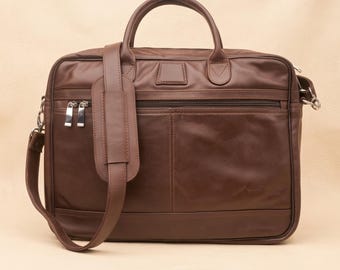 Personalized Brown Leather Laptop Bag Handmade, Vintage Work Briefcase, Timeless Office Style