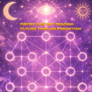 Puede incluir: Ilustración digital con un tema celestial púrpura y dorado. La imagen incluye una luna creciente, un sol y un símbolo de ojo. El texto dice "MATRIX DESTINY READING FUTURE TIMELINE PREDICTION". Una bola de cristal se encuentra sobre cristales.