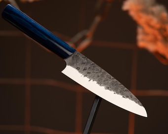 Hand-Forged Mini-Santoku Chef Knife, N690 Steel, Karelian Birch Handle