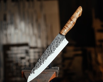 Hand-Forged Gyuto Chef Knife, Karelian Birch Handle