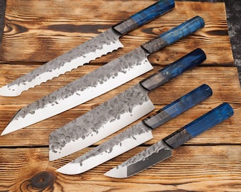 Japanese Tantoids Handmade Kitchen Knife Set, Forged Finish, Artisan Blades