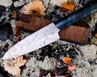 Hand-Forged Mini-Santoku Chef Knife, N690 Steel, Karelian Birch Handle