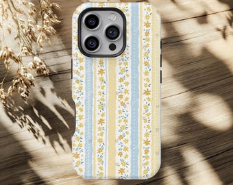 Vintage gele telefoonhoes met bloemenprint en madeliefjesstrepen, esthetische cover voor iPhone 18 17 16 15 14 13 12 11 Pro Max, Samsung Galaxy S26 S25 S24 Ultra