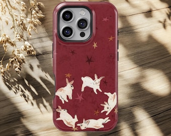 Rabbit Phone Case Burgundy Celestial Bunny Design iPhone 17 16 15 14 13 12 11 Pro Max, Samsung Galaxy S26 S25 S24 S23 Ultra Aesthetic Cover