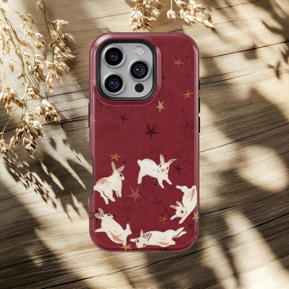 Rabbit Phone Case Burgundy Celestial Bunny Design iPhone 17 16 15 14 13 12 11 Pro Max, Samsung Galaxy S26 S25 S24 S23 Ultra Aesthetic Cover
