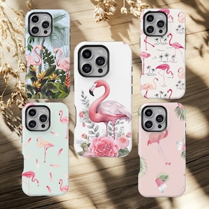 Flamingo Clear Phone Case iPhone 17 16 15 14 13 12 11 Pro Max, Samsung Galaxy S25 S24 S23 Ultra Hybrid palm leaves