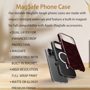 May include: Three MagSafe phone cases in black, grey, and burgundy with a textured pattern are shown. The image text reads "MagSafe Phone Case" and highlights features such as dual-layer protection and a built-in magnet for Apple MagSafe accessories.