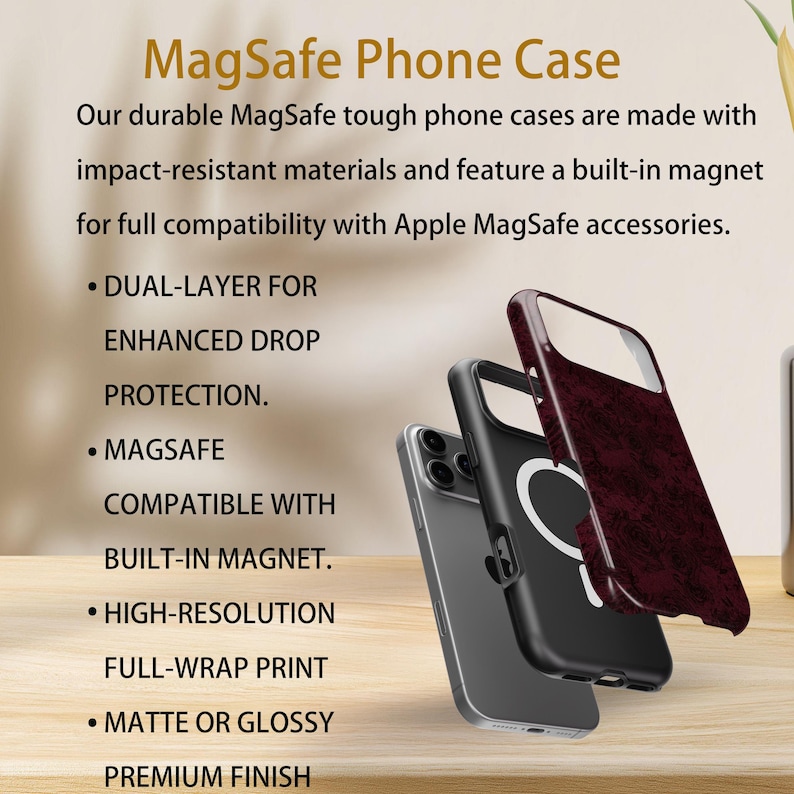 May include: Three MagSafe phone cases in black, grey, and burgundy with a textured pattern are shown. The image text reads "MagSafe Phone Case" and highlights features such as dual-layer protection and a built-in magnet for Apple MagSafe accessories.