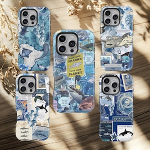 Könnte beinhalten: Fünf blau-weiße Handyhüllen mit Designs zum Thema Ozean. Die Hüllen zeigen Bilder von Haien, Walen und anderen Meereslebewesen. Einige Hüllen tragen den Text "Save Our Sharks" und "Save Our Planet".