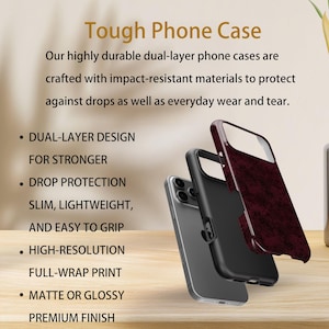 May include: Three phone cases are shown, one black, one clear, and one burgundy with a textured design. The text reads "Tough Phone Case" and lists features including dual-layer design, drop protection, and a premium finish.