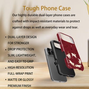 May include: A phone case with a dual-layer design, drop protection, and a premium finish. The case is shown in three parts: a clear phone, a black inner case, and a red outer case with a white animal and star pattern. The text reads "Tough Phone Case".