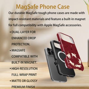 May include: MagSafe phone cases in black, silver, and burgundy with a white animal print. The cases have a built-in magnet and are designed for enhanced drop protection. The text on the image says "MagSafe Phone Case".