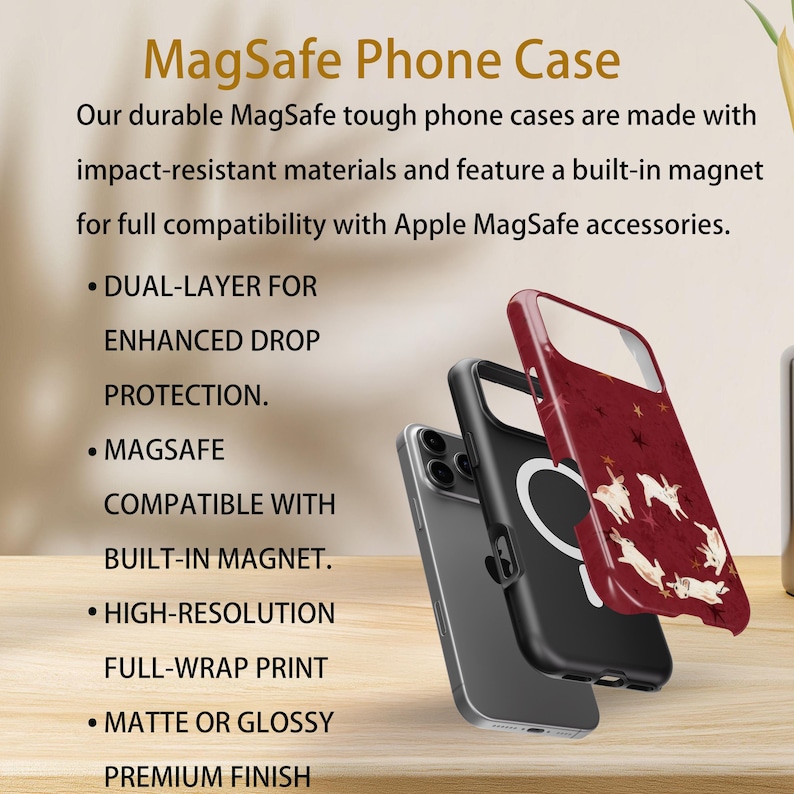 May include: MagSafe phone cases in black, silver, and burgundy with a white animal print. The cases have a built-in magnet and are designed for enhanced drop protection. The text on the image says "MagSafe Phone Case".