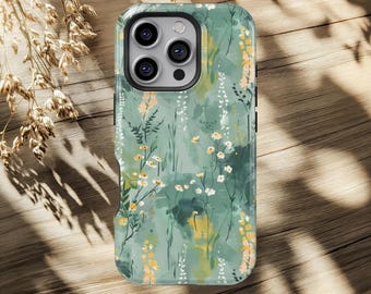 Funda vintage con diseño floral botánico y flores silvestres en verde azulado para iPhone 17, 16, 15, 14, 13, 12 y 11 Pro Max, Samsung Galaxy S26, S25, S24 y S23 Ultra