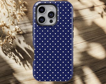 Custodia per telefono a pois blu navy per iPhone 17 16 15 14 13 12 Pro Max, Samsung S25 S24 S23 S22 S21 Ultra, retro-moderna, estetica carina e alla moda