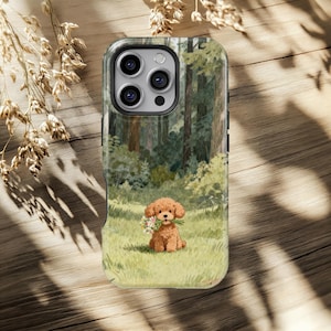 Pudelvalp Mobilskal Söt Hund Med Blommor iPhone 17 16 15 14 13 12 11 Pro Max, Samsung Galaxy S26 S25 S24 S23 Ultra Forest Cottagecore