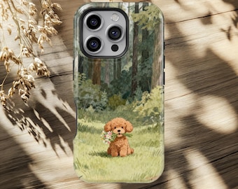 Poodle Puppy Phone Case Cute Dog With Flowers iPhone 17 16 15 14 13 12 11 Pro Max, Samsung Galaxy S26 S25 S24 S23 Ultra Forest Cottagecore