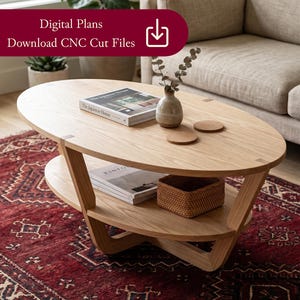 May include: Oval wooden coffee table with a lower shelf, holding books and a woven basket. The table has a light wood finish and is set on a patterned red rug. The text "Digital Plans Download CNC Cut Files" is displayed.