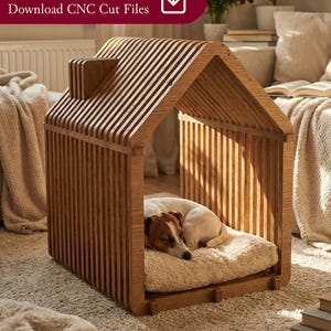 Archivos DXF de caseta para mascotas paramétrica / Planos de fresadora CNC con anidamiento / Jaula moderna de madera contrachapada para perros / Diseño fácil de montar sin tornillos