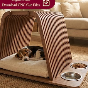 Caseta paramétrica para mascotas DXF para CNC / Jaula moderna de madera contrachapada para perros / Diseño de enclavamiento sin tornillos / Plano digital de 18 mm / Comedero integrado