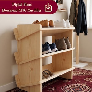 Può includere: Una scarpiera in legno a tre livelli con scarpe su ogni ripiano. La scarpiera è realizzata in legno chiaro e ha un design semplice e moderno. L'immagine include il testo "Digital Plans Download CNC Cut Files".