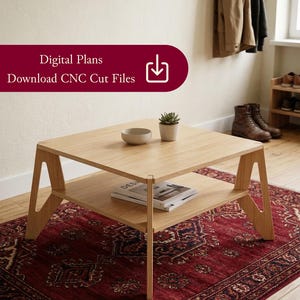 May include: A light wood square coffee table with a lower shelf, holding a magazine. The table sits on a patterned red rug. A small bowl and plant are on the table. Text on the image reads "Digital Plans Download CNC Cut Files".