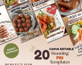 20 Pinterest Pin Templates for Food bloggers, Influencers, Recipe Creators, Canva Editable (Digital Download)