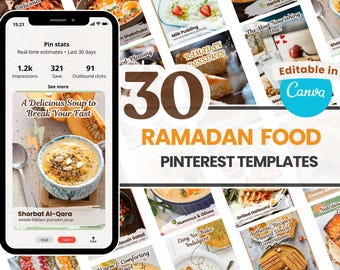 Ramadan Pinterest Pins 2026 | 30 Canva Templates | Iftar Suhoor Recipe Food Blogger Muslim Islamic