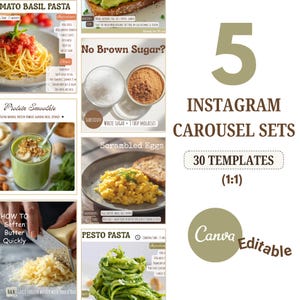 Może przedstawiać: Zestaw karuzeli na Instagram z 30 szablonami, zawierający przepisy kulinarne, takie jak makaron z pomidorami i bazylią, koktajle proteinowe i makaron pesto. Obraz zawiera tekst "Canva Editable".