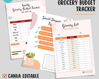 Weekly Grocery Budget Planner | Editable Canva Template (Digital Download