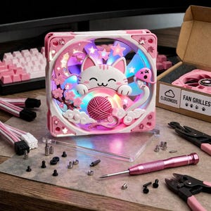 May include: A pink and white computer fan featuring a cat design, stars, and flowers. The fan is displayed on a clear stand with screws and tools. A box with "FAN GRILLES" is also visible.