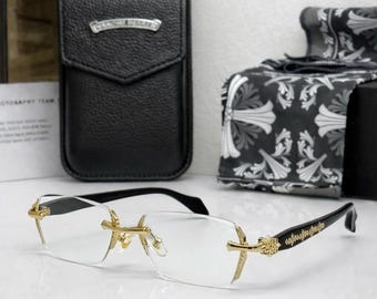 Gafas rectangulares sin montura con filtro de luz azul y detalle de cruz dorada – Montura unisex de lujo para estilo urbano