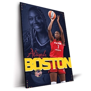 May include: A poster featuring basketball player Aliyah Boston in a red Fever jersey, shooting a basketball. The poster includes the text "Aliyah Boston" in yellow and the Fever logo. A portrait of Aliyah is in the background.
