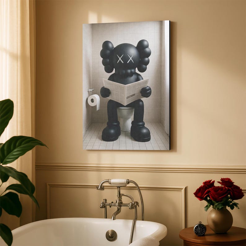 May include: A rectangular wall art print featuring a black cartoon character with X-shaped eyes sitting on a white toilet in a tiled bathroom, reading a newspaper. A white toilet paper roll is mounted on the wall to the left of the character.